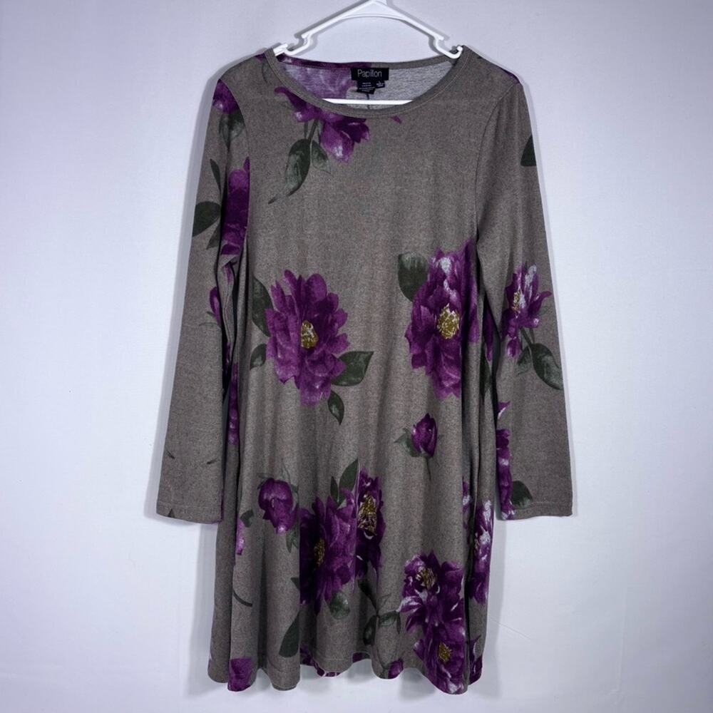Papillon Blanc Purple and Tan Floral Dress Size Large 0840